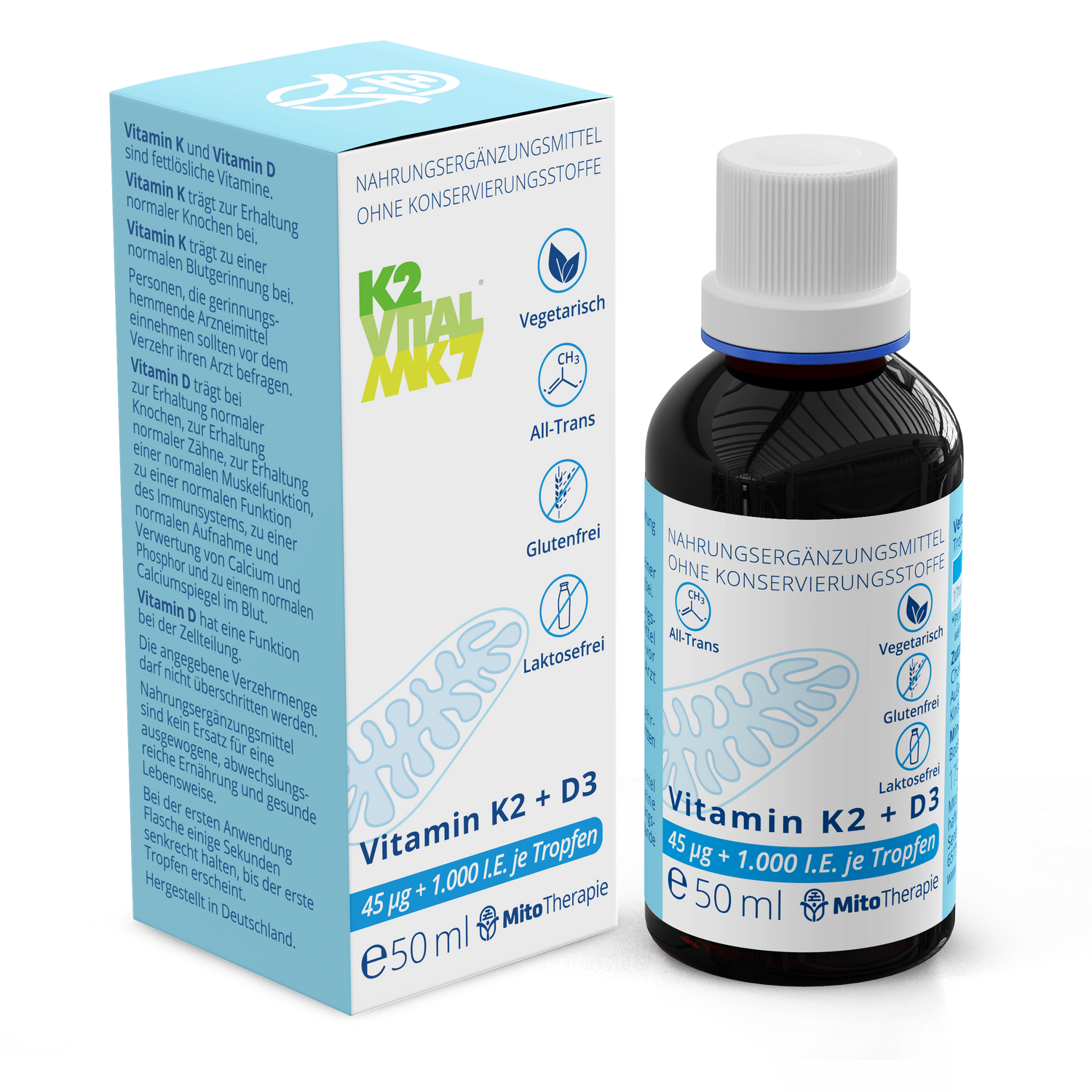 Vitamin K2 + D3-Tropfen – 45 µg + 1.000 I.E. je Tropfen – (K2VITAL®) gelöst in 50 ml MCT-Öl aus Kokos