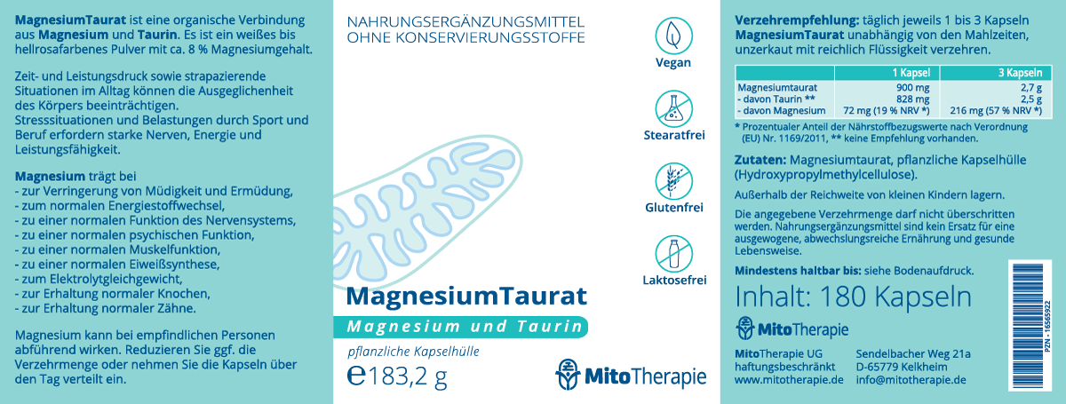 MagnesiumTaurat – das Zwei in einem Magnesium - 180 vegane Kapseln mit je 900 mg