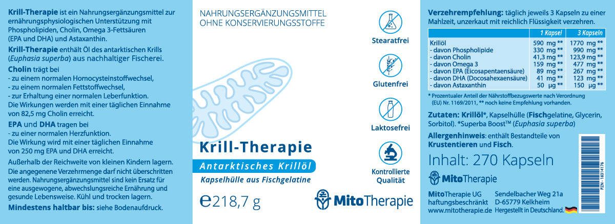 Krill-Therapie – Antarktisches Krillöl – 270 Kapseln mit Omega-3-Fettsäuren, Phospholipiden, Cholin und Astaxanthin – aus nachhaltiger Fischerei