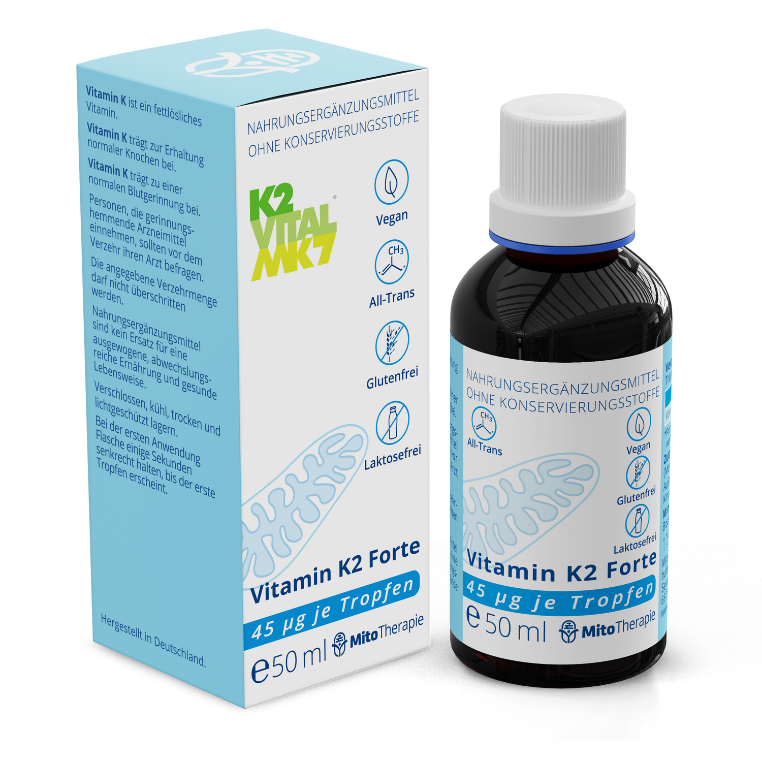 Vitamin K2 Forte – 45 µg je Tropfen – 1750 Tropfen je Flasche – Menaquinon-7 (K2VITAL®) gelöst in 50 ml MCT-Öl aus Kokos