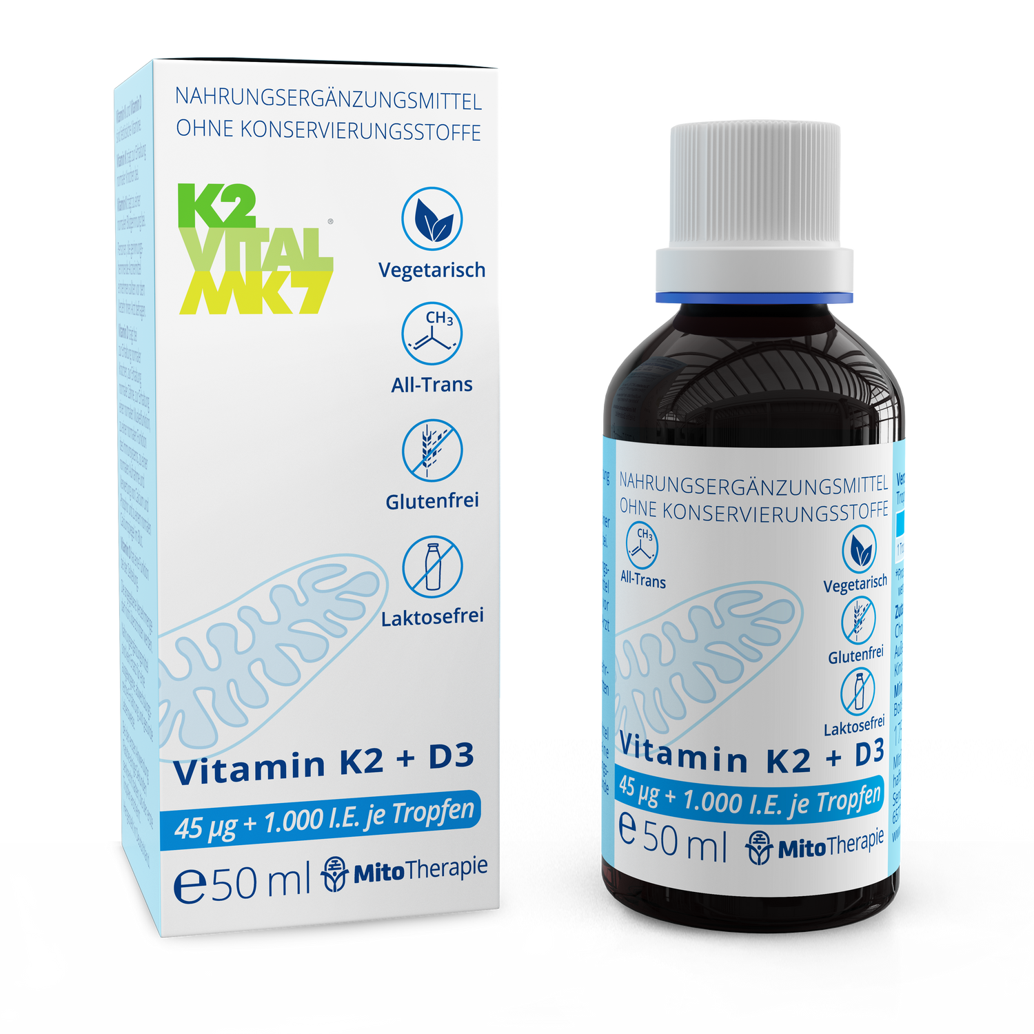 Vitamin K2 + D3-Tropfen – 45 µg + 1.000 I.E. je Tropfen – (K2VITAL®) gelöst in 50 ml MCT-Öl aus Kokos
